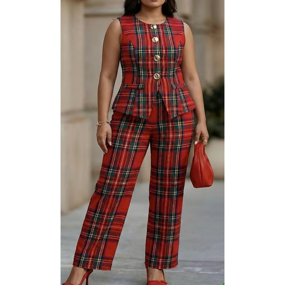 Women's Red plaid Polyester Vest & Flared Pants Set size M